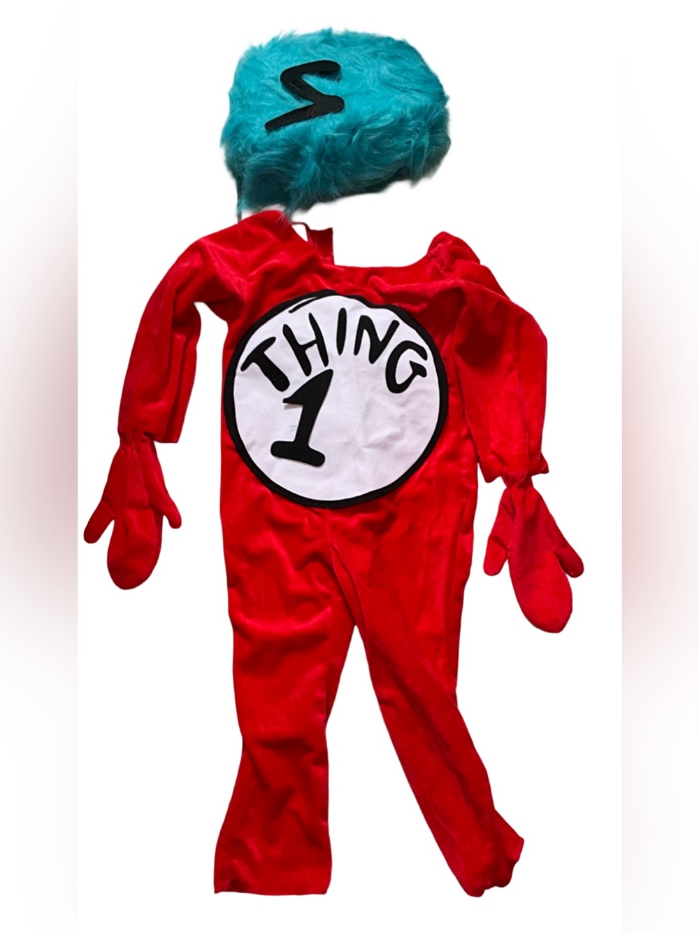 Dr. Seuss Thing 1 Boys Halloween Costume Size 2T Red Jumpsuit Blue Wig